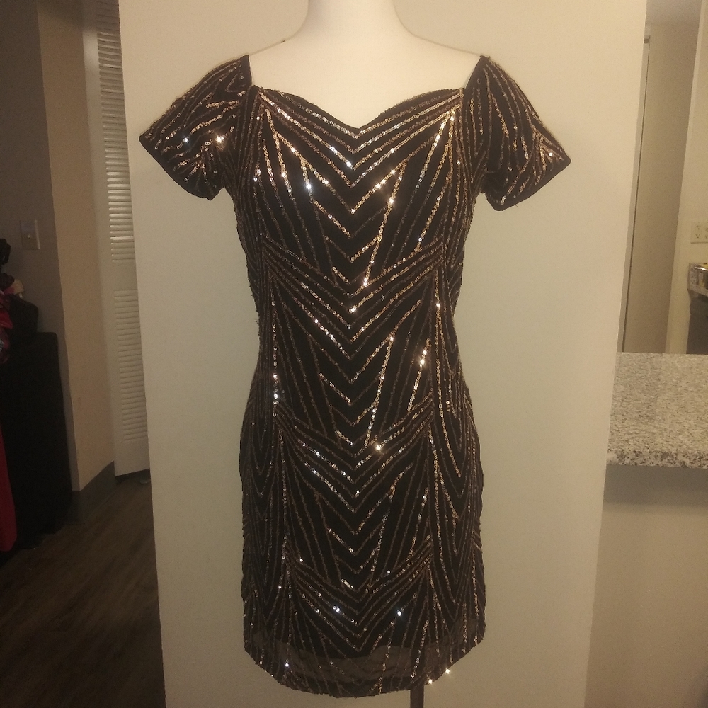 Beautiful Black Dress with Gold Sequins SIZE L